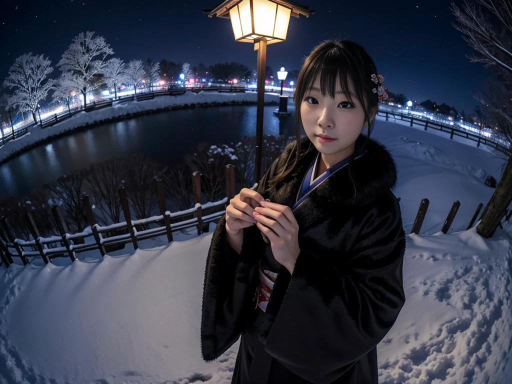 snow、Dark Night。furのコートを着た美しい日本の女性たちの写真。Traditional New Year celebration。kimono、Outdoor、furのコート。Fisheye Lens、fur。Multiple women。