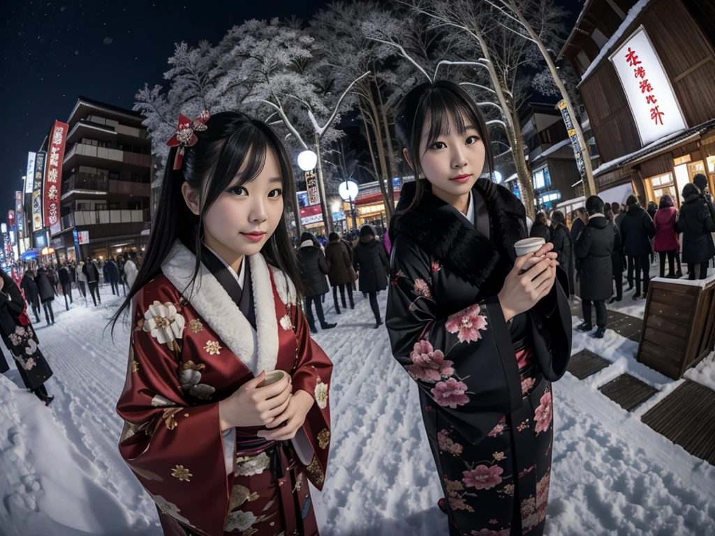 snow、Dark Night。furのコートを着た美しい日本の女性たちの写真。Traditional New Year celebration。kimono、Outdoor、furのコート。Fisheye Lens、fur。Multiple women。