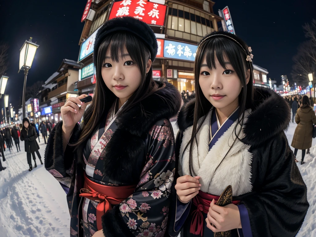 snow、Dark Night。furのコートを着た美しい日本の女性たちの写真。Traditional New Year celebration。kimono、Outdoor、furのコート。Fisheye Lens、fur。Multiple women。