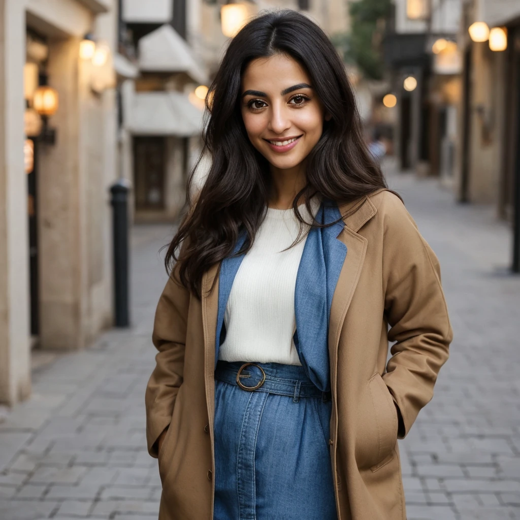 one cute women, 32YO, middle eastern, Palestinian, cute face, realistic light brown eyes, blue jacket, black hair, cute smile, skinny face, white realistic teethes, big eyes, long hair, no hands