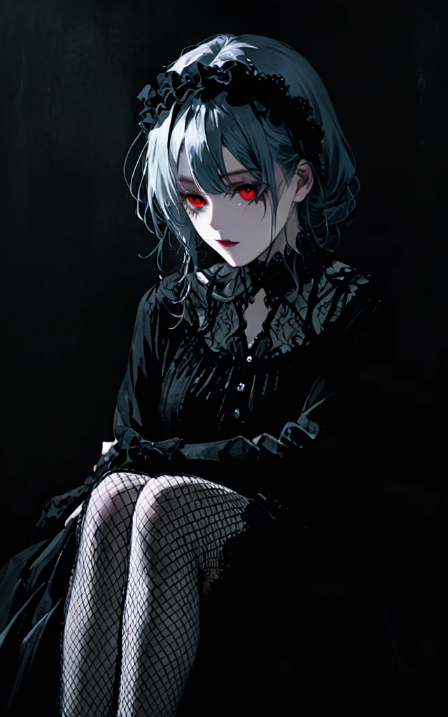 Silver Bob Hair、White frill on head、Lifeless red eyes、Dark circles under the eyes、Gothic costume with frills、White fishnet stockings、Illness