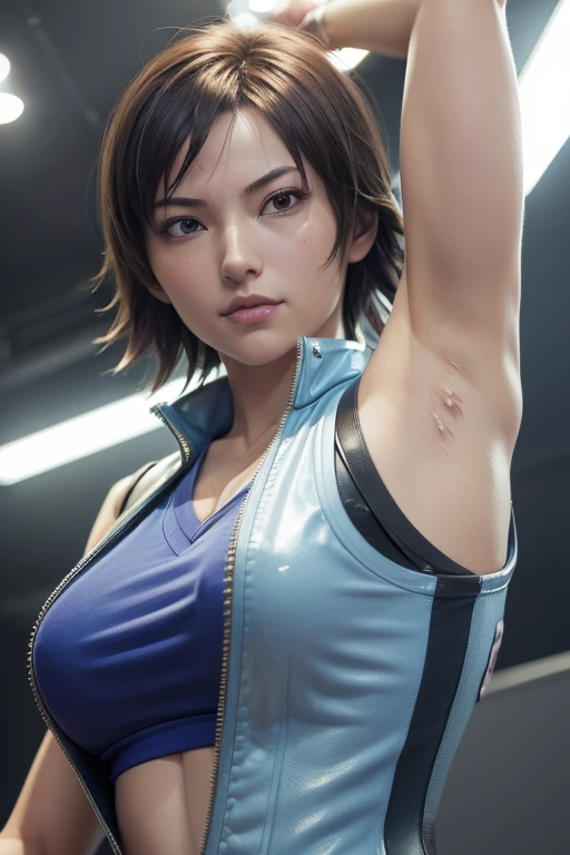 1girl, ((realistic)), ((photorealistic)),((high-res, masterpiece, best quality, cinema lighting)), masterpiece, best quality:1.2), upper body, solo, 1girl, little bit angry, closed mouth, masterpiece, best quality, 4k, photograph, cinemtaic lighting, modelshoot, perfect lighting, perfect detailed face, professional photoshoot, smile,(((medium breasts))),((((asuka kazama)))),(((beautiful))), sleeveless, realistic, japanese female, arms up, armpits, armpits visible, muscular body