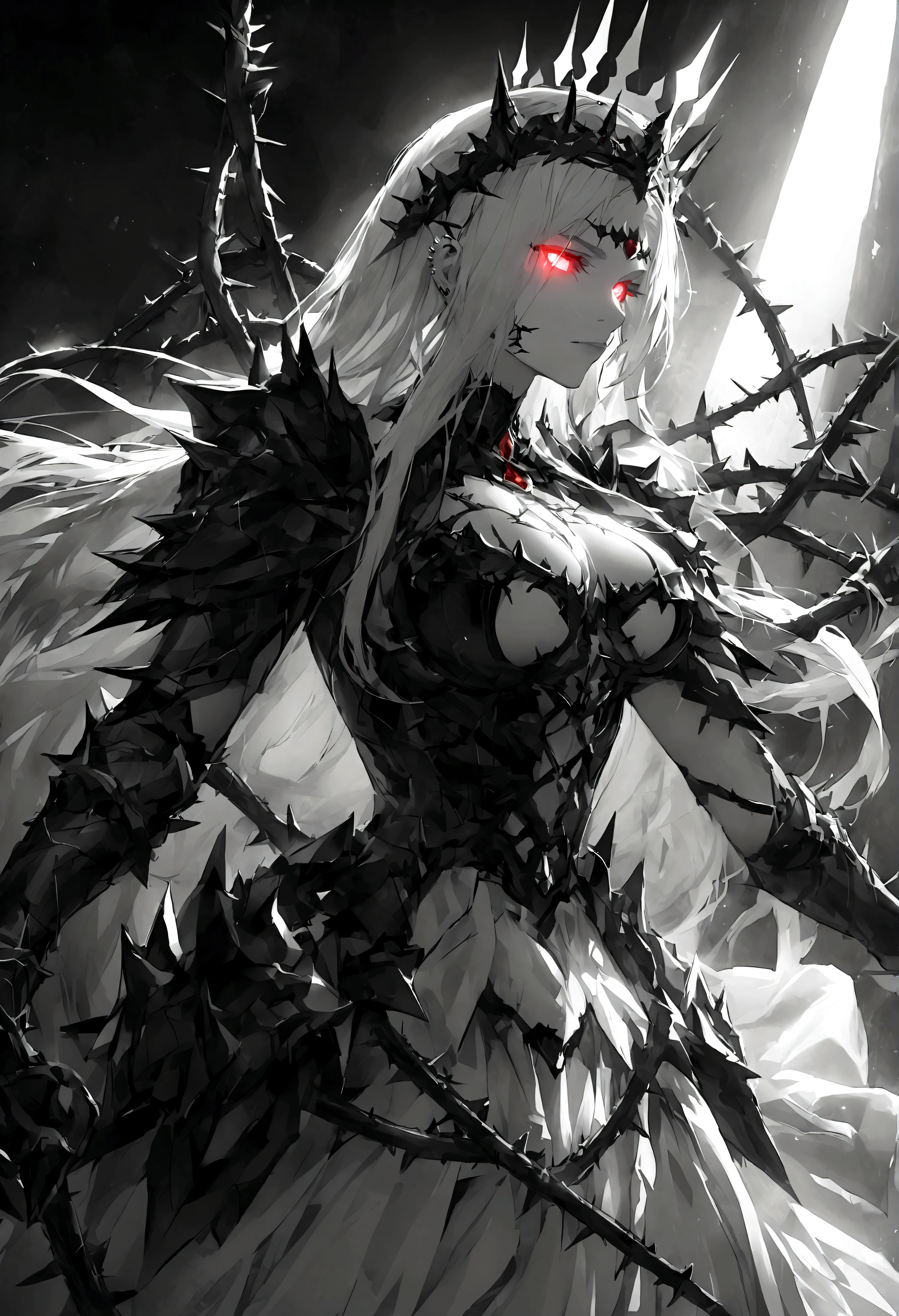 Thorns piercing the body,Long hair,Glowing eyes,Black and white,Crown of thorns,grace,Queen