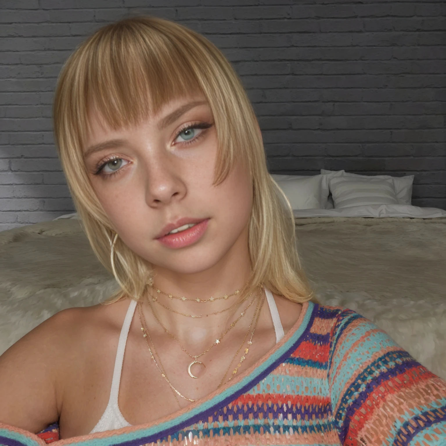 there is a woman with blonde hair and a colorful sweater, soft portrait shot 8 k, wlop glossy skin, ethereal vaporous tan skin, sultry expression, stylized portrait h 0, hyperrealistic teen, bedroom eyes, soft freckles, inspired by Károly Lotz, realistic face moody lighting, sleepy fashion model face