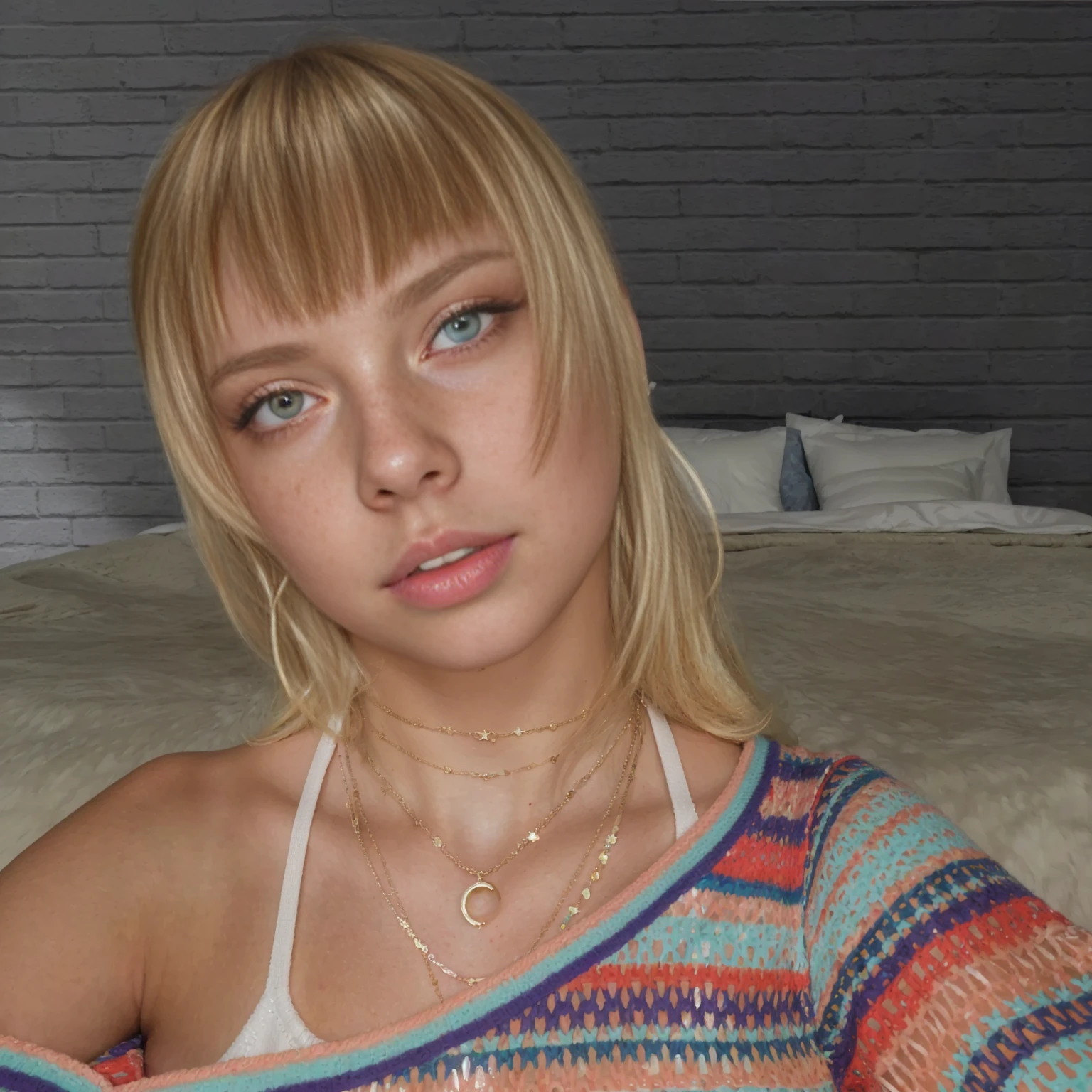 there is a woman with blonde hair and a colorful sweater, soft portrait shot 8 k, wlop glossy skin, ethereal vaporous tan skin, sultry expression, stylized portrait h 0, hyperrealistic teen, bedroom eyes, soft freckles, inspired by Károly Lotz, realistic face moody lighting, sleepy fashion model face
