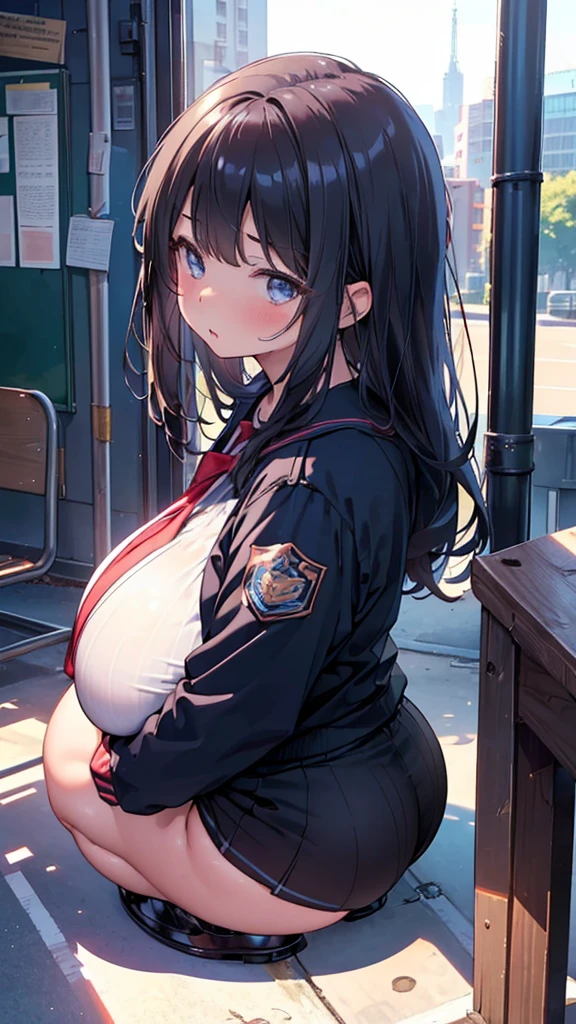 (masterpiece), (1 serious public discipline chairman: 1.3), (super thick and plump body: 1.3), (huge breasts and butt)), (small head: 1.2), (extremely small uniform)), (shiny skin: 1.2), (speech while crouching on the schoolyard morning stand))