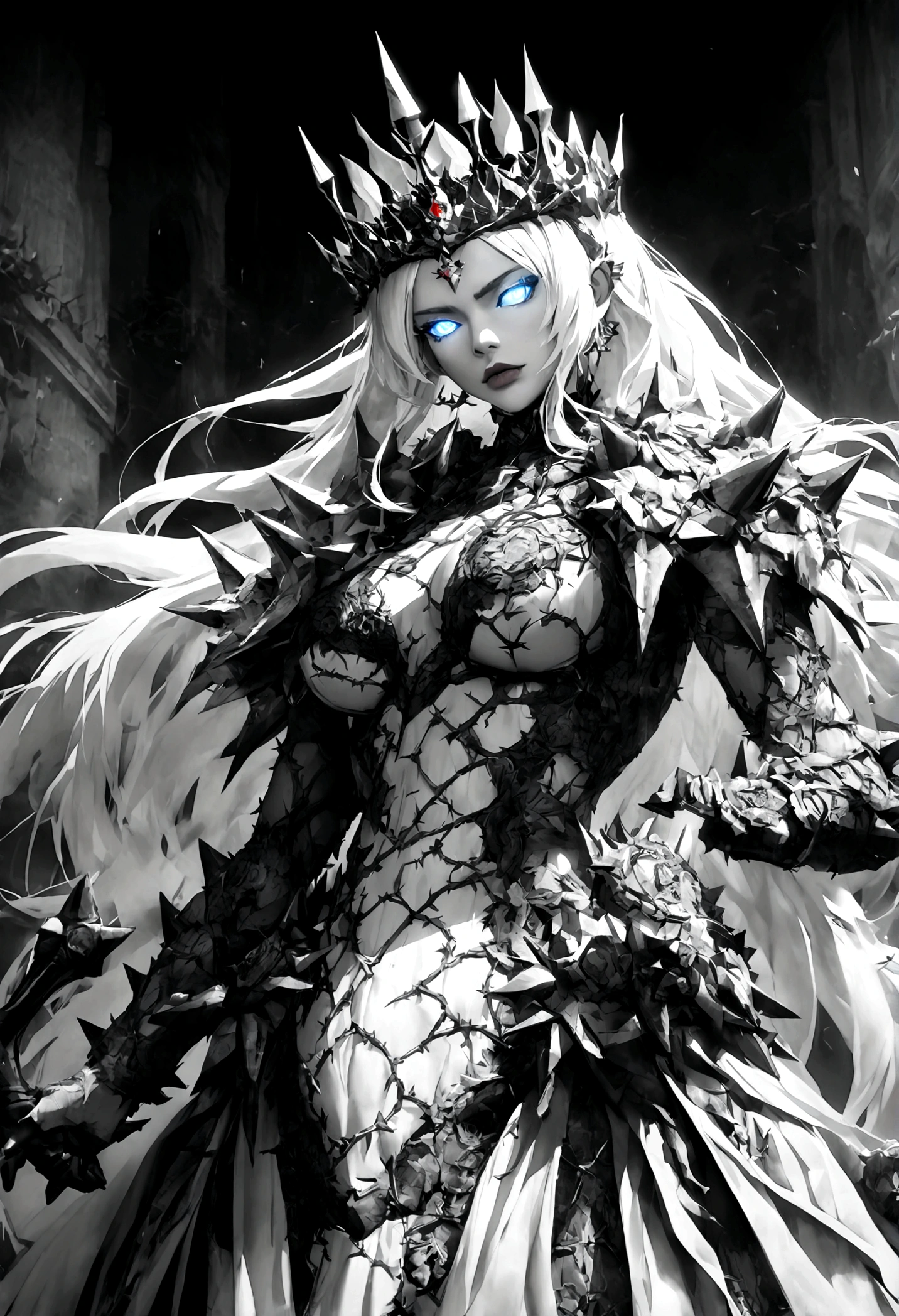 Thorns piercing the body,Long hair,Glowing eyes,Black and white,Crown of thorns,grace,Queen