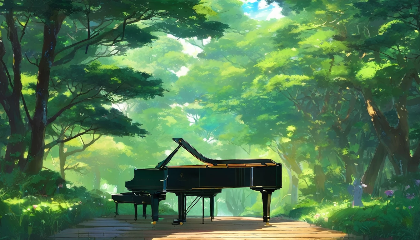 青い紅葉のwoodの下置かれた黒いグランドピアノ、wood々の間からwood漏れ日がキラキラしている、Makoto Shinkai-style anime touch、Deep green forest、1 grand piano