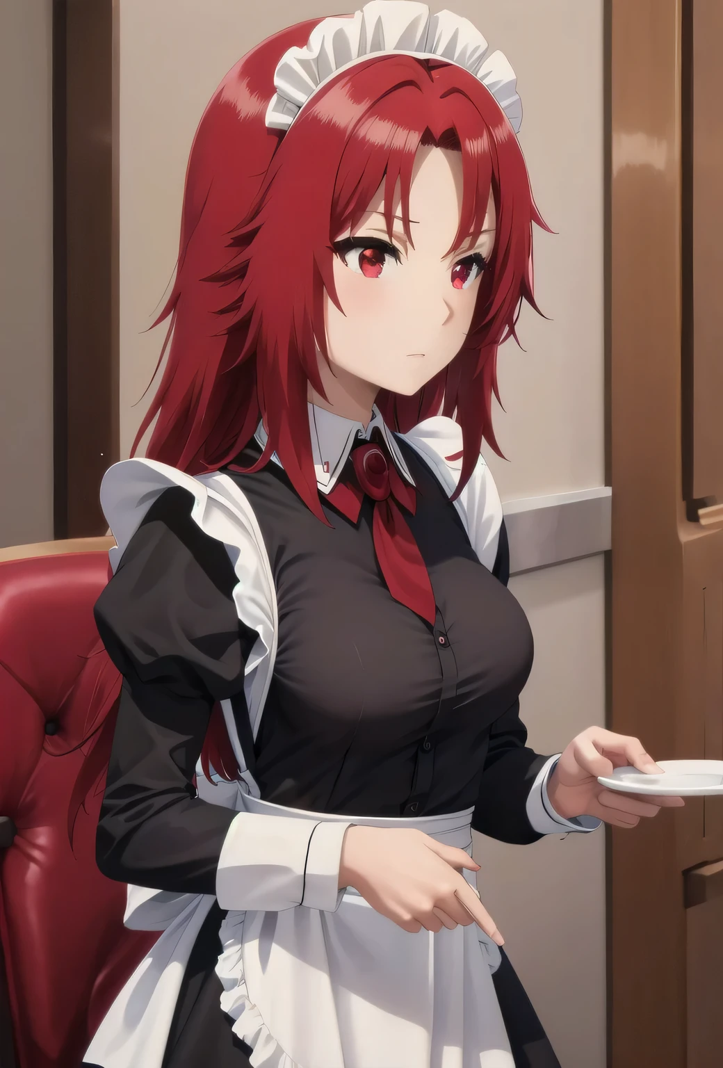 best quality, red hair,red eyes,masterpiece, highres, solo, (maid:1.40), (long maid dress:1.15), anime_style, 14