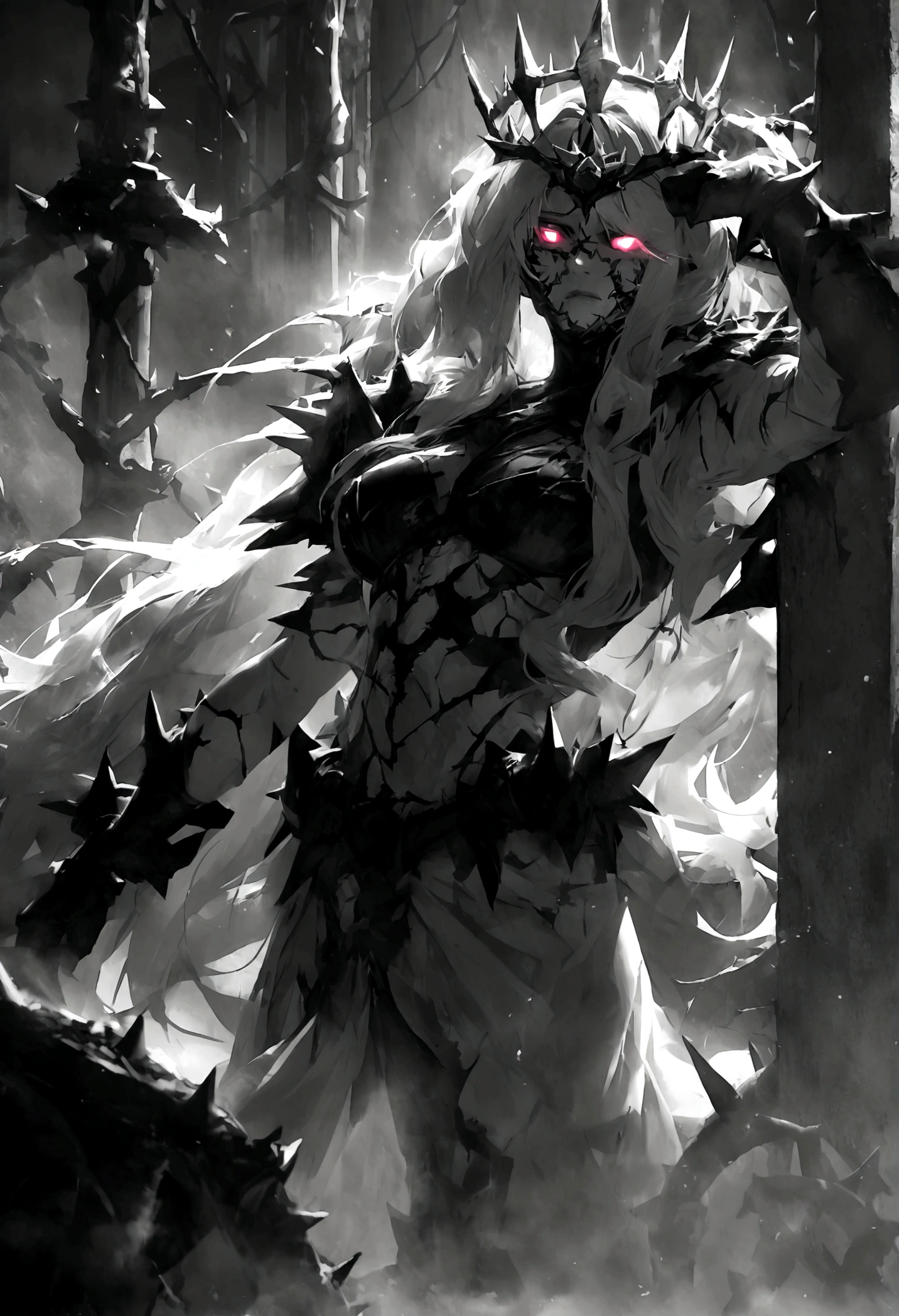 Thorns piercing the body,Long hair,Glowing eyes,Black and white,Crown of thorns,grace,Queen