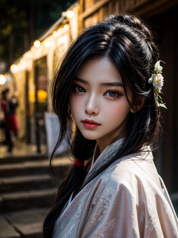 1 Girl,whole body,very detailed face, beautiful detailed eyes,The world in the face,cinematic lighting,I look at the viewer,On open air,black hair,(Black Chinese architecture:0.05),Hanfu,