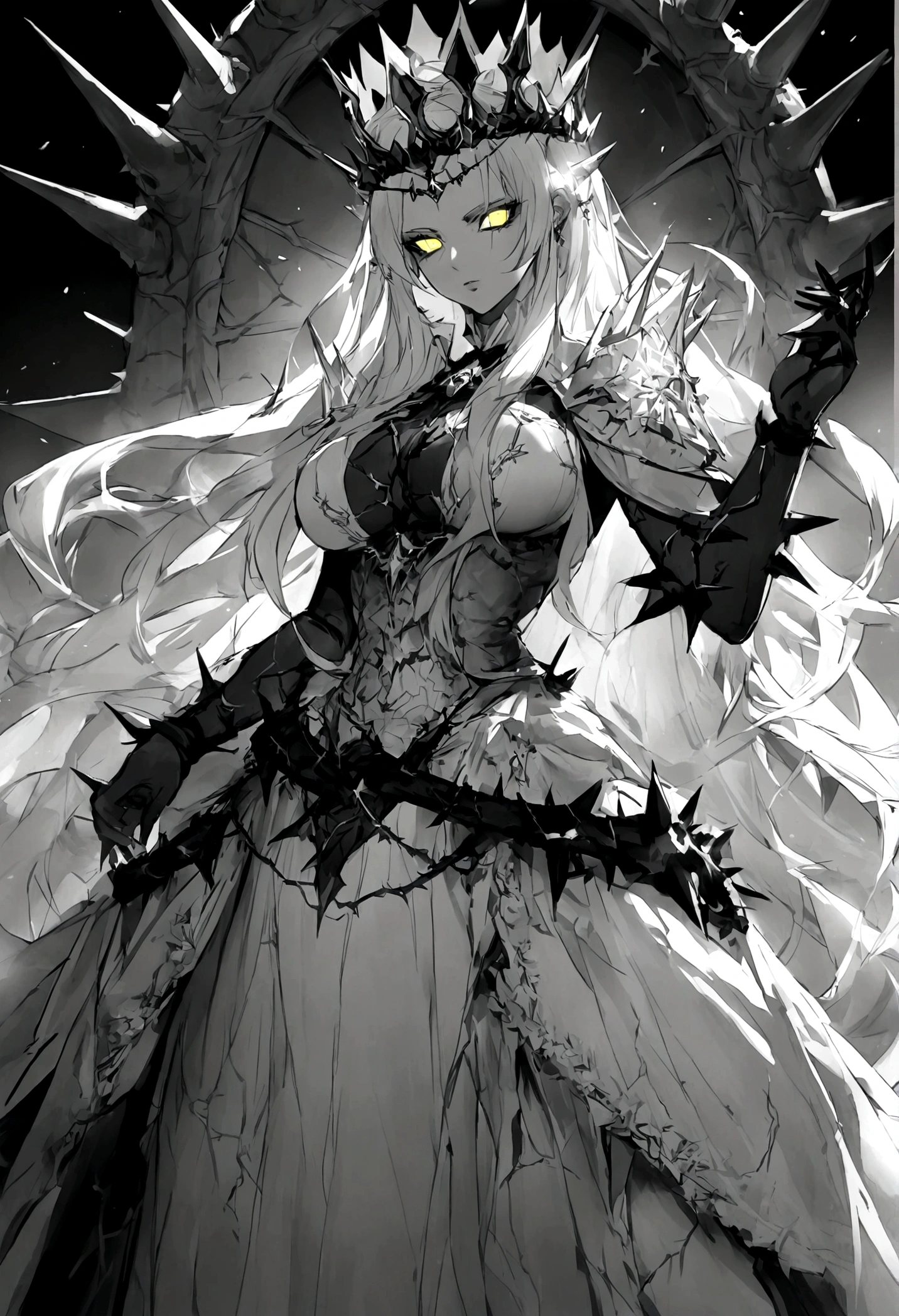Thorns piercing the body,Long hair,Glowing eyes,Black and white,Crown of thorns,grace,Queen