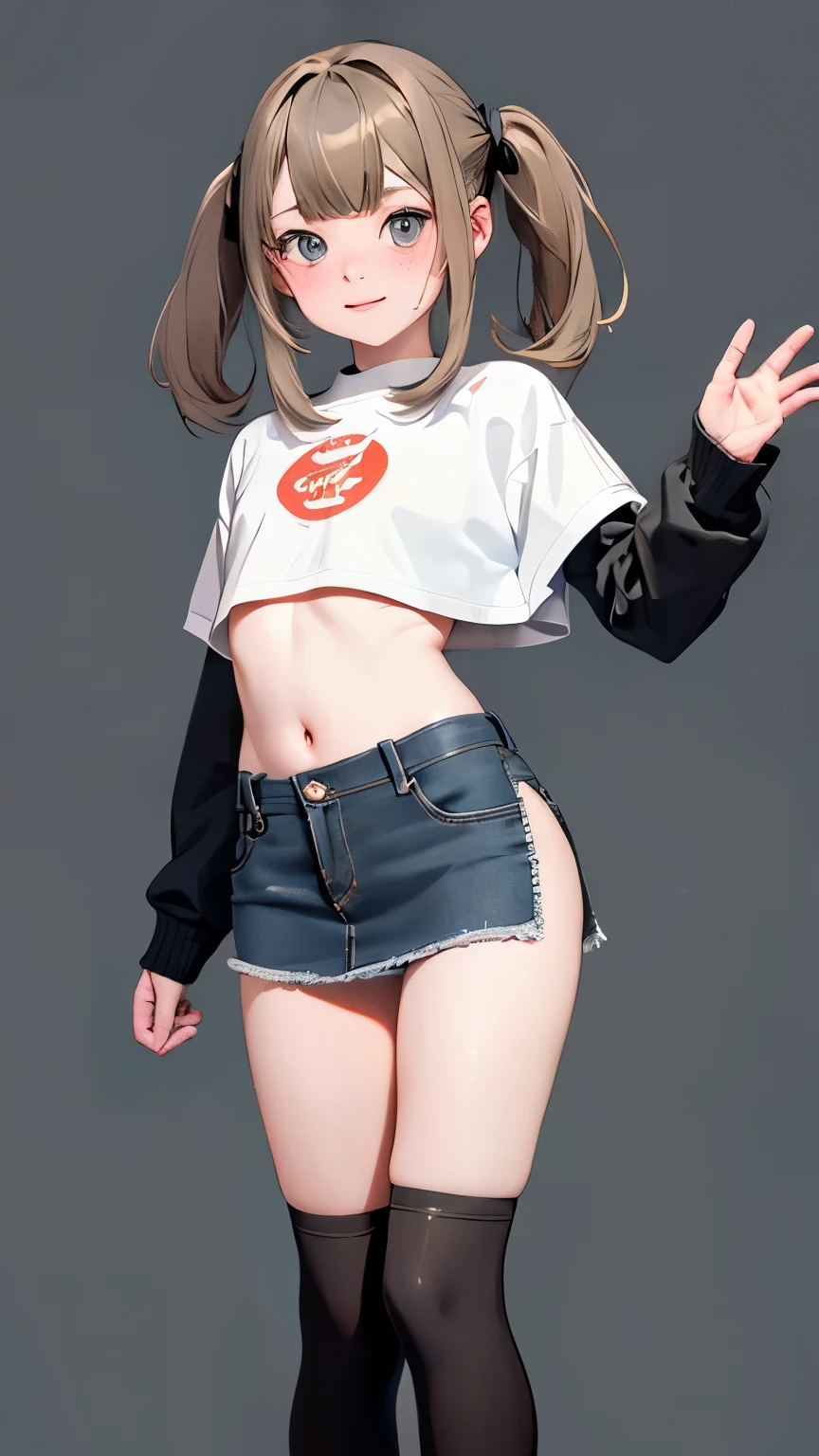 4K, masterpiece, 8k, high quality, 最high quality,10歳のcute少等生, Very white skin, Long brown hair，a bit，Low length，freckles，Thin eyebrows，Straight bangs，(Flat Chest) ，feminine, Tilt, elegant, elegant, cute, smile, cute, Hilarious, belly button, Denim Low Rise Mini Skirt, ((Black knee socks)), (Ugly clothes)、((Gray background))