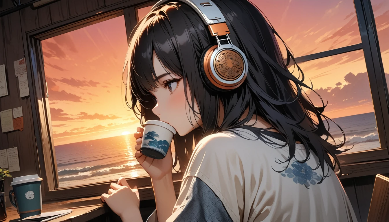 ((8k of extremely detailed CG unit, Masterpiece, high resolution, highest quality, highest quality real texture skin)), (((shoot from behind))), (wearing Japanese pattern headphones), ((1 girl)), ((Watching the sunset while sipping coffee in a cozy cafe)), ((denim)), ((Sunset beach from the big window)), (Japanese pattern Tシャツ), (Black hair, messy hair, beige skin), (Surreal, digital painting)