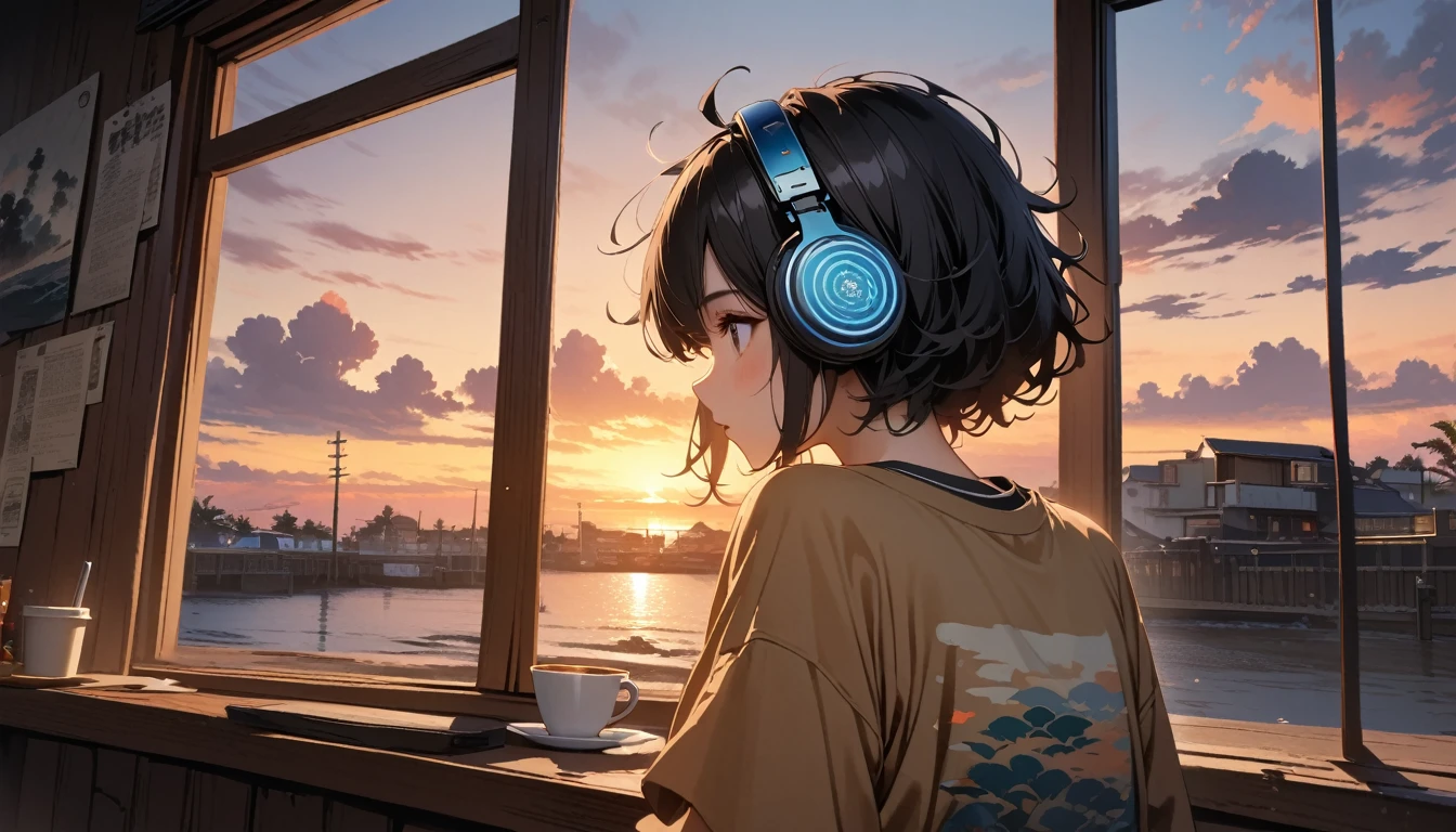 ((8k of extremely detailed CG unit, Masterpiece, high resolution, highest quality, highest quality real texture skin)), (((shoot from behind))), (wearing Japanese pattern headphones), ((1 girl)), ((Watching the sunset while sipping coffee in a cozy cafe)), ((denim)), ((Sunset beach from the big window)), (Japanese pattern Tシャツ), (Black hair, messy hair, beige skin), (Surreal, digital painting)