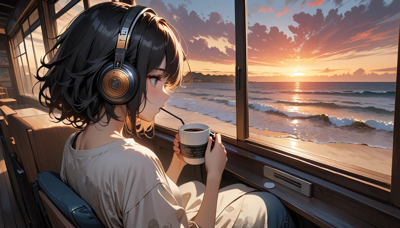 ((8k of extremely detailed CG unit, Masterpiece, high resolution, highest quality, highest quality real texture skin)), (((shoot from behind))), (wearing Japanese pattern headphones), ((1 girl)), ((Watching the sunset while sipping coffee in a cozy cafe)), ((denim)), ((Sunset beach from the big window)), (Japanese pattern Tシャツ), (Black hair, messy hair, beige skin), (Surreal, digital painting)