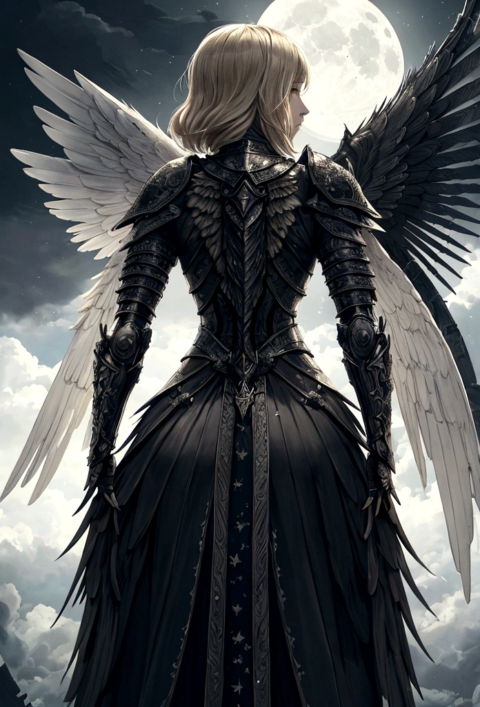 a shot (taken from the rear: 1.5), 16K, ultra detailed, masterpiece, best quality, (extremely detailed), arafed, dnd art, portrait, full body, aasimar, female, (Masterpiece 1.3, intense details), female, paladin, holy warrior, spread large feathered wings, (wings sprouting from the back: 1.3), majestic wings, white angelic wings spread (Masterpiece, intense details: 1.5), moon light, moon, stars, clouds, holy symbol, armed with sword, short blond hair, dark fantasy cemetery background, anatomically correct (Masterpiece 1.3, intense details), angel_wings, determined face, god rays, cinematic lighting, glowing light, silhouette, from outside, photorealism, panoramic view (Masterpiece 1.3, intense details) , Wide-Angle, Ultra-Wide Angle, 16k, highres, best quality, high details, armored dress
