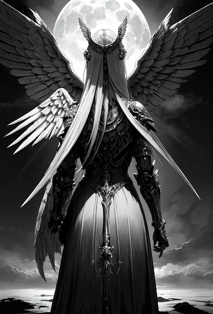 a shot (taken from the rear: 1.5), 16K, ultra detailed, masterpiece, best quality, (extremely detailed), arafed, dnd art, portrait, full body, aasimar, female, (Masterpiece 1.3, intense details), female, paladin, holy warrior, spread large feathered wings, (wings sprouting from the back: 1.3), majestic wings, white angelic wings spread (Masterpiece, intense details: 1.5), moon light, moon, stars, clouds, holy symbol, armed with sword, short blond hair, dark fantasy cemetery background, anatomically correct (Masterpiece 1.3, intense details), angel_wings, determined face, god rays, cinematic lighting, glowing light, silhouette, from outside, photorealism, panoramic view (Masterpiece 1.3, intense details) , Wide-Angle, Ultra-Wide Angle, 16k, highres, best quality, high details, armored dress
