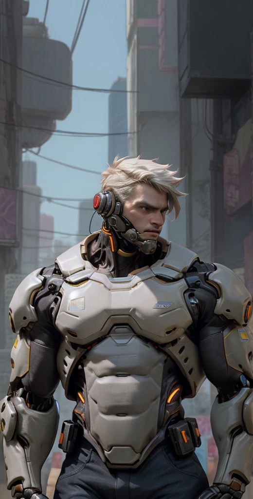 Sodier76,Mecha,overwatch2,Half-length close up,cyberpunk,science fiction background,comic style,in cyberpunk city,mechanical body,prosthetic transformation,portrait of detailed soldier with his mechanical bodysuit heavy exosuit,solo,futurism,masculinity,male_focus,upper_body