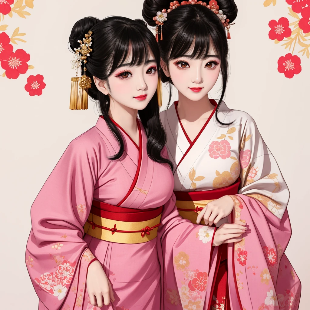 Each has a different expression2People and sisters、(2 girls)、⦅Dancing traditional arts with grace)、((Big Breasts、Small Face、Not exposed))、highest quality、masterpiece、(Black Hair、Bun Hair)、Brown Eyes、⦅Wide angle、Angle from above the waist、雑誌の表紙のPause、Their gazes are different, gazing into the distance⦆、(8K High Quality、masterpiece、High resolution、Realistic and beautiful light and shadow、(highest quality)、(High Resolution)、(Very delicate and beautiful)、(Beautiful 8k face)、(With a smile、Beautiful eyes)、(Clear skin)、(Soft hair)、(8Head to Body)、(A Japanese style yukata kimono with red, pink and orange floral patterns on a white background, interspersed with gold powder、Wearing a yukata2Beautiful Japanese girls)、((Tanabata decoration background))、((Small Face))、(arms up)、Thin and small nose、(Red lipstick)、(Make your cheeks red)、(Glossy skin)、((Ink painting style))、Very thin eyebrows、Overall ultra-high image quality、(She is wearing maiko-style makeup.)、Whitening、Long and beautiful eyelashes、Glowing Skin、(Red cheeks),Straight nose、masterpiece、highest quality、whole body、 Eyebrows visible through hair、Bun Hair、Grin、Gal、コGal、Viewer's Eyes、Plaid、Stylish、woman、fine、Pause、
Waiting to start
