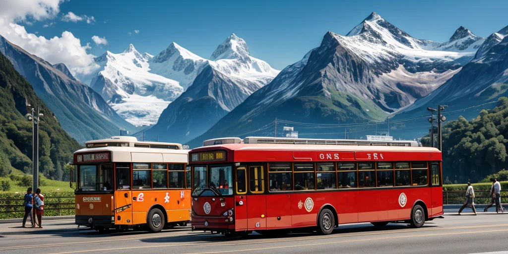 orrange trolleybuses in switzerland with background of kuala lumpur city