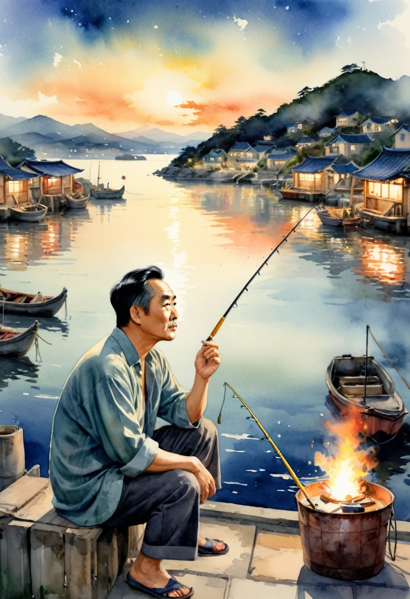 Real person real presentation.Handsome oriental middle-aged man.He squatted by the harbor.looking at the sky.Fishing fires lit up in the distance at night.light a cigarette.Light smoke escapes from the nostrils into the air.It’s like I can’t express my thoughts.This artwork depicts her in a rural setting,Radiate sweetness、Romantic atmosphere。Adding rustic romantic charm。 (Watercolor:1.5),(Ultra high saturation, Bright and vivid colors:1.5), (National Foundation), (Look directly at the audience:1.5)