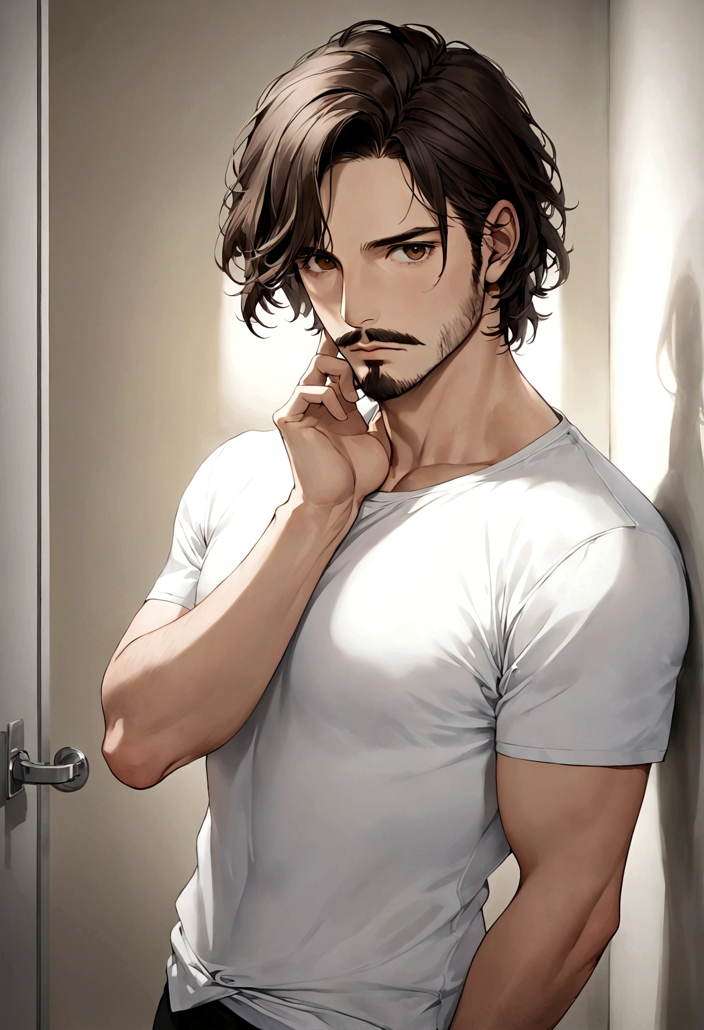 (traje de etiqueta para hombre), ), ((bigote estilo Van Dyke y (barba de chivo) "Van Dyke", Van Dyke beard)), (light brown eyes), Aspecto atractivo y serio, cabello muy largo oscuro, messy hair, Elegante y con estilo, Camiseta de cuerpo fuerte , Un hombre similar al actor Jim Morrison con el cabello largo, ((cabello muy largo)) (Imagen realista y de alta calidad), Apartamento escandinavo en el fondo simple de un cuarto, ((La mejor calidad, 8K, obra maestra).((pose dinamica))