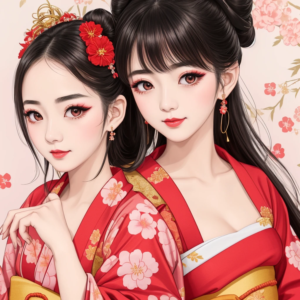 Each has a different expression２People and sisters、(２ girls）、｟Dancing traditional arts with grace)、((Big Breasts、Small Face、Not exposed))、highest quality、masterpiece、（Black Hair、Bun Hair）、Brown Eyes、｟Wide angle、Angle from above the waist、雑誌の表紙のPause、Their gazes are different, gazing into the distance｠、(８K High Quality、masterpiece、High resolution、Realistic and beautiful light and shadow、(highest quality)、(High Resolution)、(Very delicate and beautiful)、(Beautiful 8k face)、(With a smile、Beautiful eyes)、(Clear skin)、(Soft hair)、(８Head to Body)、(A Japanese-style yukata kimono with red, pink, orange and blue floral patterns on a white background, interspersed with gold powder、Wearing a yukata２Beautiful Japanese girls)、((Tanabata decoration background))、((Small Face))、(arms up)、Thin and small nose、（Red lipstick）、（Make your cheeks red）、（Glossy skin）、((Ink painting style))、Very thin eyebrows、Overall ultra-high image quality、（She is wearing maiko-style makeup.）、Whitening、Long and beautiful eyelashes、Glowing Skin、（Red cheeks）,Straight nose、masterpiece、highest quality、whole body、 Eyebrows visible through hair、Bun Hair、Grin、Gal、コGal、Viewer&#39;s Eyes、Plaid、Stylish、woman、fine、Pause、
Waiting to start 

