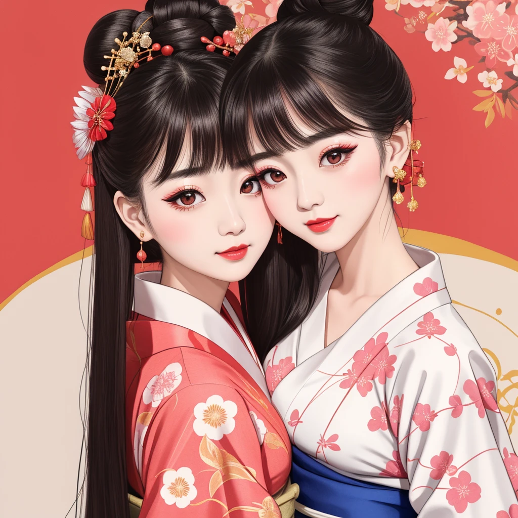 Each has a different expression２People and sisters、(２ girls）、｟Dancing traditional arts with grace)、((Big Breasts、Small Face、Not exposed))、highest quality、masterpiece、（Black Hair、Bun Hair）、Brown Eyes、｟Wide angle、Angle from above the waist、雑誌の表紙のPause、Their gazes are different, gazing into the distance｠、(８K High Quality、masterpiece、High resolution、Realistic and beautiful light and shadow、(highest quality)、(High Resolution)、(Very delicate and beautiful)、(Beautiful 8k face)、(With a smile、Beautiful eyes)、(Clear skin)、(Soft hair)、(８Head to Body)、(A Japanese-style yukata kimono with red, pink, orange and blue floral patterns on a white background, interspersed with gold powder、Wearing a yukata２Beautiful Japanese girls)、((Tanabata decoration background))、((Small Face))、(arms up)、Thin and small nose、（Red lipstick）、（Make your cheeks red）、（Glossy skin）、((Ink painting style))、Very thin eyebrows、Overall ultra-high image quality、（She is wearing maiko-style makeup.）、Whitening、Long and beautiful eyelashes、Glowing Skin、（Red cheeks）,Straight nose、masterpiece、highest quality、whole body、 Eyebrows visible through hair、Bun Hair、Grin、Gal、コGal、Viewer's Eyes、Plaid、Stylish、woman、fine、Pause、
Waiting to start 
