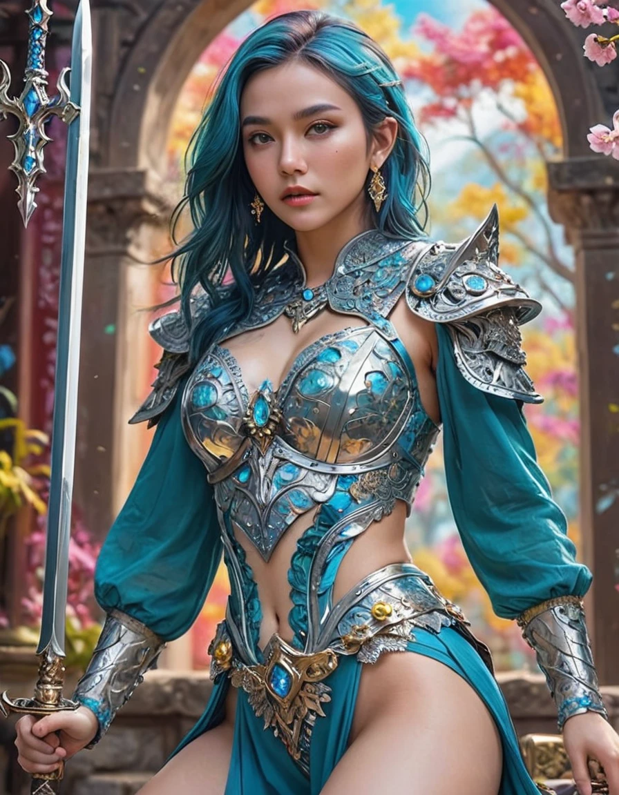 (masterpiece, top quality, best quality, official art, Beautiful and beautiful:1.2), (1 girl:1.3), (holding a sword:1.3),Very detailed,(fractal art:1.1),(rich and colorful:1.1), (randomly poses), (abstract background:1.3), (warrior outfit:1.2), (shiny skin), (Many colors:1.4), ,(earrings:1.4),Bright hair color, seductive eyes , glowing accessories