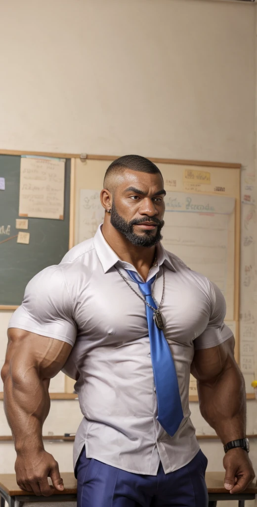 Buzz cut , old African American bodybuilder stud, blue executive suit and tie , classroom , hyper muscular , big pecs , whistle, beard, swollen, tight shirt, big pectorals, meticulous muscle definition, 