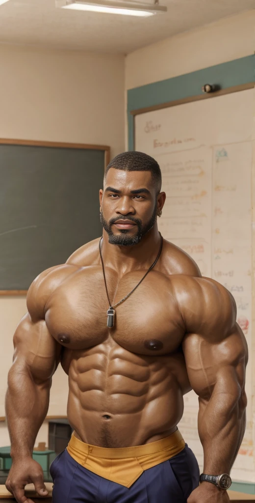 Buzz cut , old African American bodybuilder stud, blue executive suit and tie , classroom , hyper muscular , big pecs , whistle, beard, swollen, tight shirt, big pectorals, meticulous muscle definition, 