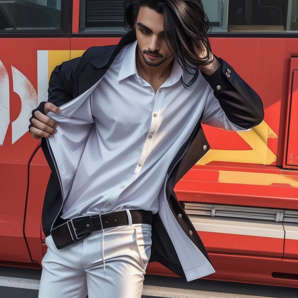 wearing a black suit jacket and white striped shirt and white fashion pants.