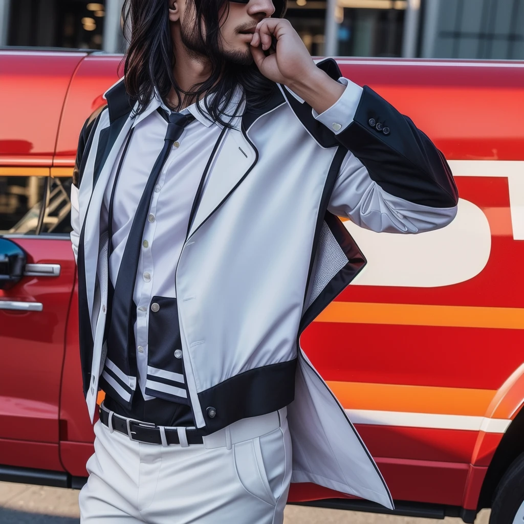 wearing a black suit jacket and white striped shirt and white fashion pants.