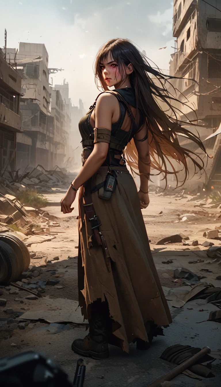 Back view, full body shot, (best quality,uhd,realistic:1.2),extremely detailed,portrait of Charlieze Theron as Furiosa from Mad Max Fury Road, stand back to viewer,(postapocalyptic,desolate,ruined wasteland:1.1),Fujifilm xt3 film grain,(moody lighting,dramatic atmosphere:1.1),captivating expression,grim determination,strong female character,scared look,gritty texture,ripped clothing,facial scars,smeared dirt on the face,dusty surroundings,harsh sunlight,powerful stance,emotional intensity,weapons strapped to her body, stand back to viewer, motorbikes and vehicles in the background,desaturated color palette,contrasting colors,splashes of red,piercing eyes,long flowing hair,wisps of hair blowing in the wind,weathered and worn accessories,detailed background with destroyed buildings and debris,depth of field effect to enhance focus on the protagonist,bokeh effect to create a cinematic feel.