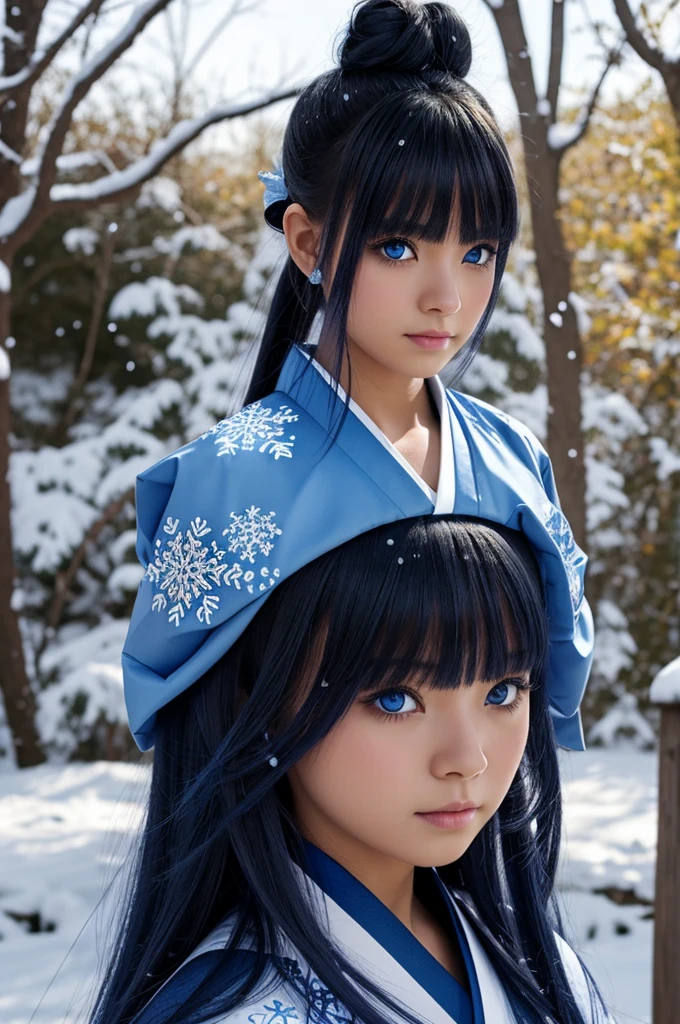 dark skin, Snow blue eyes, Dark blue to white medium long hair I'm a Lil'Messy Bun, Blue short sleeved Kimono with snowflakes on it and dark blue demon slayer uniform underneath.