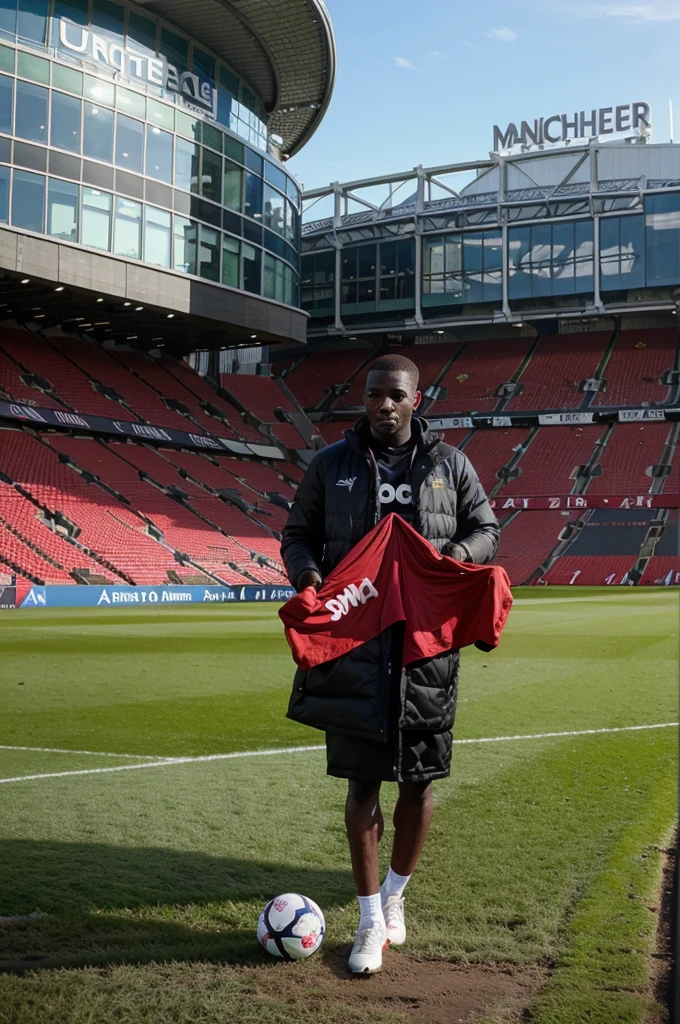 Creat a photo of mbampe signing for Manchester United Infront of old Trafford stadium in Manchester city, UK