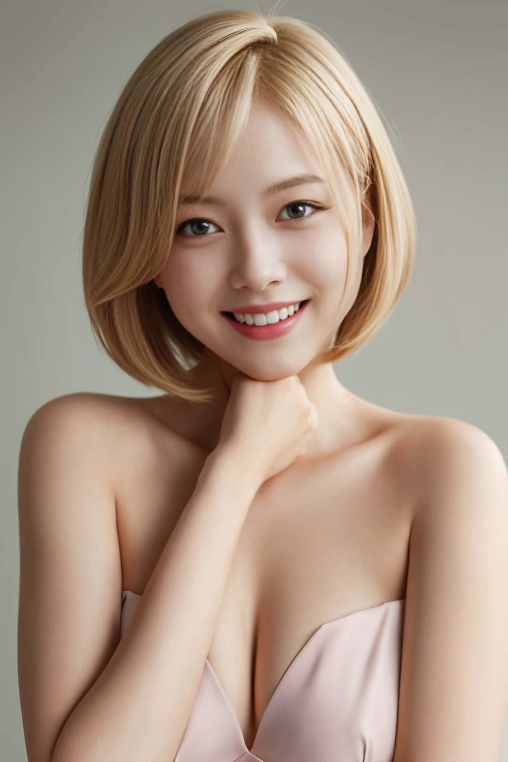 Photorealistic、Highest quality、Highest Resolution、highest quality、8K、cute女性、Beautiful Face、One beautiful woman、Bob Cut Hair、Light Hair Color、cute、beautiful、The best smile、Beautiful background、Parr's Hand、Five Fingers、Put your hands forward、片Put your hands forward、Spread your fingers、beautifulな指、beautifulな手、