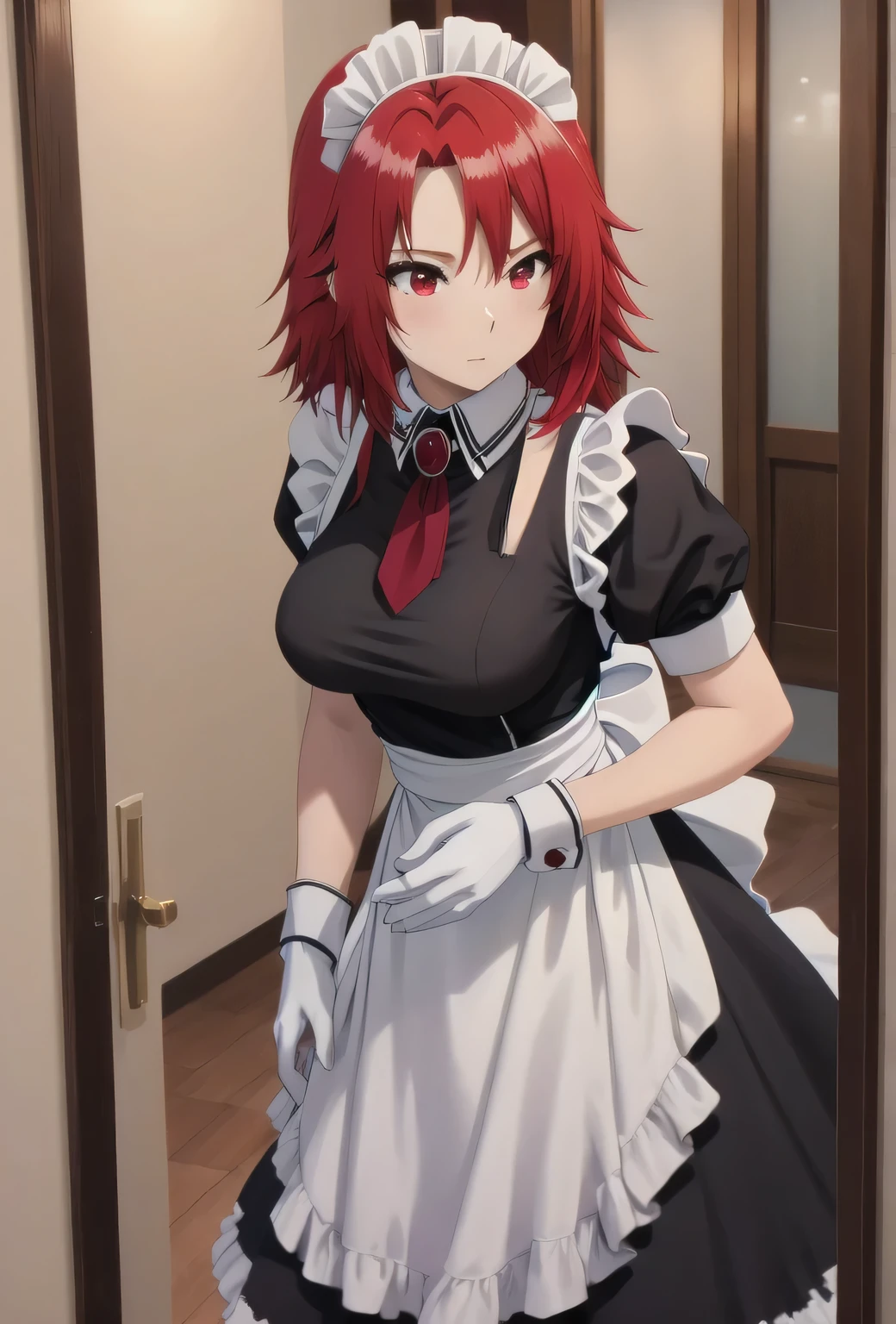 best quality, red hair,red eyes,masterpiece, highres, solo, (maid:1.40), (long maid dress:1.15), anime_style, 14