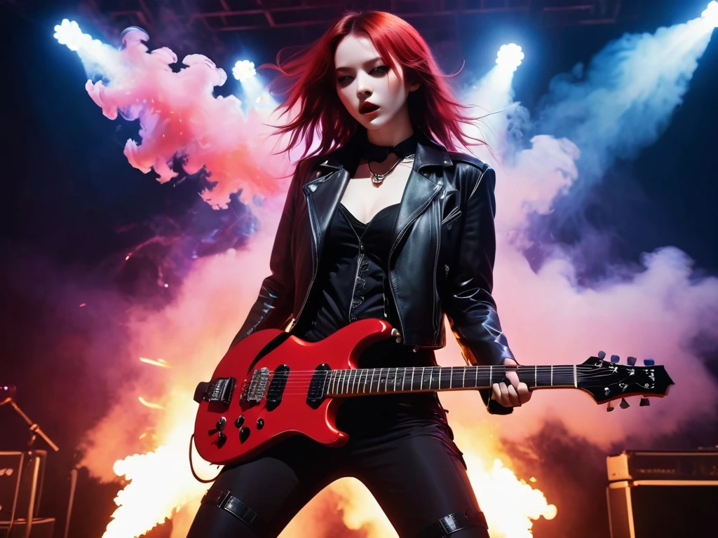 (Best quality,4K,8K,a high resolution,masterpiece:1.2),Super detailed,(valid,photovalid,photo-valid:1.37),Rockstar, Gothic rock, Female rock band "Besheniki", three adorable goth girls at the same time, gothic outfits (black and red colors), three solo guitarists ,Spacewalk,hysterical singing,Stage lighting,rebellious,glitch art,bright colors,energetic performance,Electric Atmosphere,Loud music,screaming fans,Huge speakers,Fiery explosion,dynamic poses,Smoke and fog effects,expressive face,rotating lights,Flash,dark background,Edgy style,wild hair,microphone stand,гитар sound distortion,Rock music,Celebrity,Electro guitar solo,huge concert stage,stand on stage,indulgent,Emotional intensity,Loud and heavy drumming,electric energy,Stage fireworks,Powerful vocal performance,The stadium is filled to capacity,thousands of enthusiastic fans, raging roaring crowd,Flash,Electric Atmosphere,sweaty and energetic performance,legendary figures,Acting,standing ovation