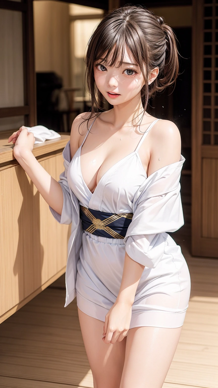 8K quality、High resolution、Realistic skin texture、High resolutionの瞳、woman、White and gold open-chested clerical robes、One-shoulder yukata、Princess Hair、thin、リアルなwoman性器、Small breasts、Realistic tongue、Gray Hair、thin脚、Sweating profusely、Sweat accumulates in the chest、、Slender model figure、Trying to pick up something that has fallen on the floor、