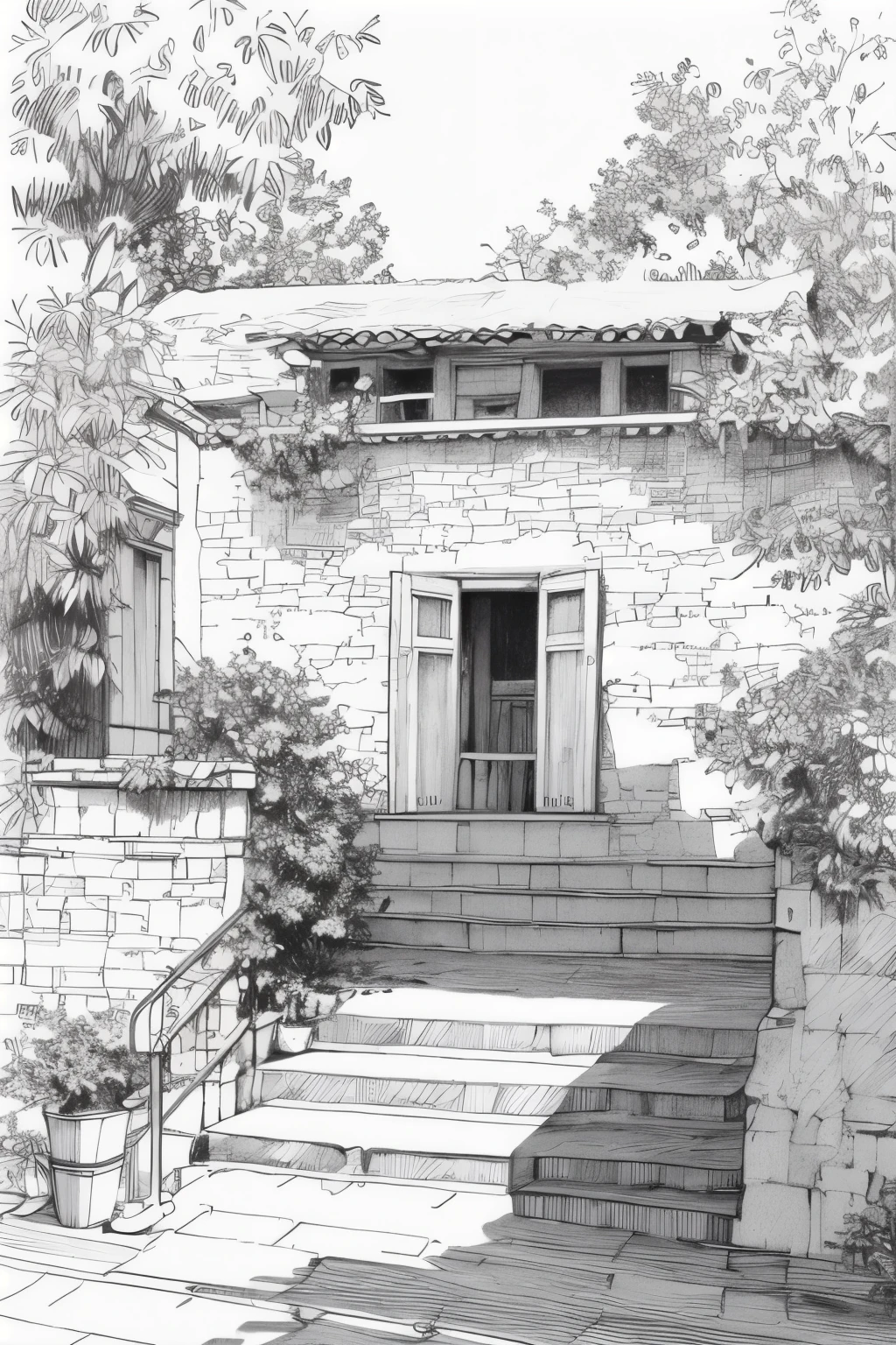 masterpiece,(best quality),detailed,sketch,landscape,houses,stairs,Trees,