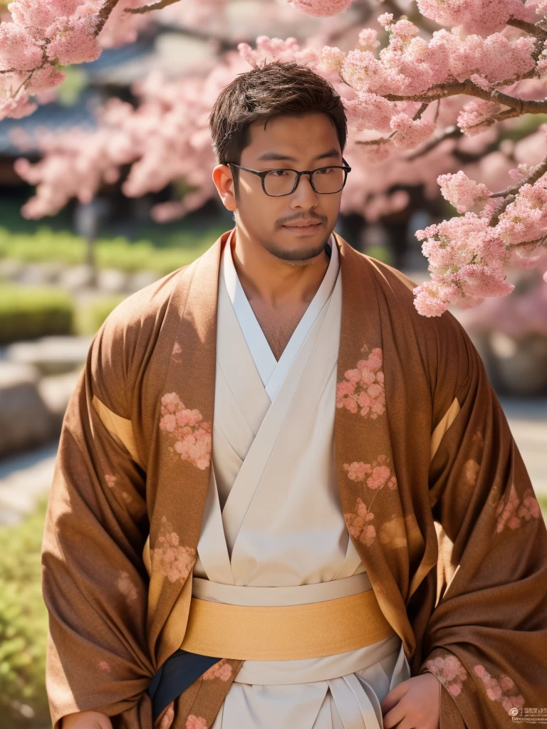 An award-winning original photo，a handsome 38-year-old man, crew cut, (((full body))), (((landscape))), mature man, [slightly fat], asian man, brown eyes, rounded face, glasses, slightly balding, 1boy, Solo, (big shoulders), (((stubbles, Short beard))), (((full beard))), (Beautiful eyes:1.3), (Detailed face:1.3), wearing glasses, Dynamic Angle, volumetric lighting, (Best quality, A high resolution, Photorealistic), Cinematic lighting, Masterpiece, RAW photo, Intricate details, (extremely detailed 8k wallpaper), masterpiece 16k photo, traditional kimono for man, sakura petals flow with the wind, raise the japanese wine cup under sakura tree, cheers,