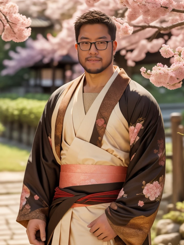 An award-winning original photo，a handsome 38-year-old man, crew cut, (((full body))), (((landscape))), mature man, [slightly fat], asian man, brown eyes, rounded face, glasses, slightly balding, 1boy, Solo, (big shoulders), (((stubbles, Short beard))), (((full beard))), (Beautiful eyes:1.3), (Detailed face:1.3), wearing glasses, Dynamic Angle, volumetric lighting, (Best quality, A high resolution, Photorealistic), Cinematic lighting, Masterpiece, RAW photo, Intricate details, (extremely detailed 8k wallpaper), masterpiece 16k photo, traditional kimono for man, sakura petals flow with the wind, raise the japanese wine cup under sakura tree, cheers,