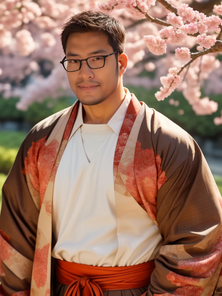 An award-winning original photo，a handsome 38-year-old man, crew cut, (((full body))), (((landscape))), mature man, [slightly fat], asian man, brown eyes, rounded face, glasses, slightly balding, 1boy, Solo, (big shoulders), (((stubbles, Short beard))), (((full beard))), (Beautiful eyes:1.3), (Detailed face:1.3), wearing glasses, Dynamic Angle, volumetric lighting, (Best quality, A high resolution, Photorealistic), Cinematic lighting, Masterpiece, RAW photo, Intricate details, (extremely detailed 8k wallpaper), masterpiece 16k photo, traditional kimono for man, sakura petals flow with the wind, raise the japanese wine cup under sakura tree, cheers,