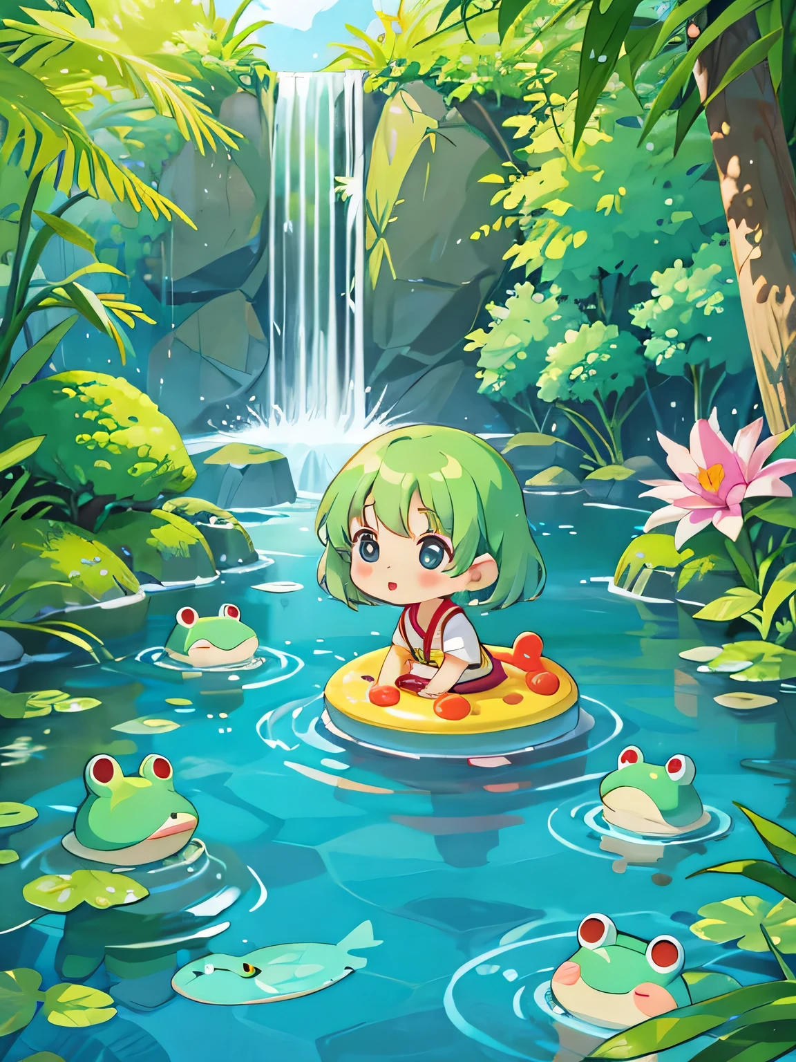 Hayao Mayazaki style, Kawaii Design, The most beautiful girl of all time、Chibi, Water Play, Frog