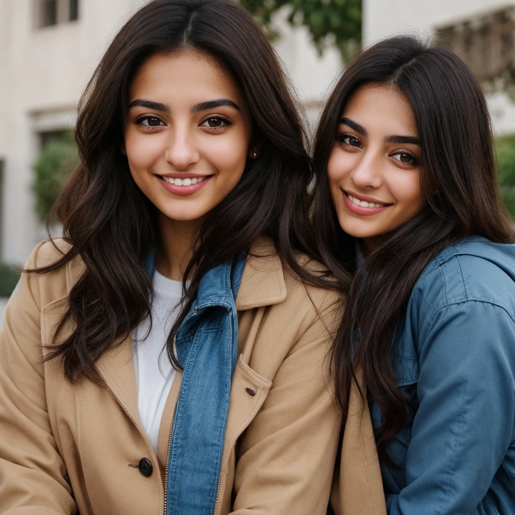 one cute women, 22YO, middle eastern, Palestinian, cute face, realistic light brown eyes, blue jacket, black hair, cute smile, skinny face, white realistic teethes, big eyes, long hair, no hands