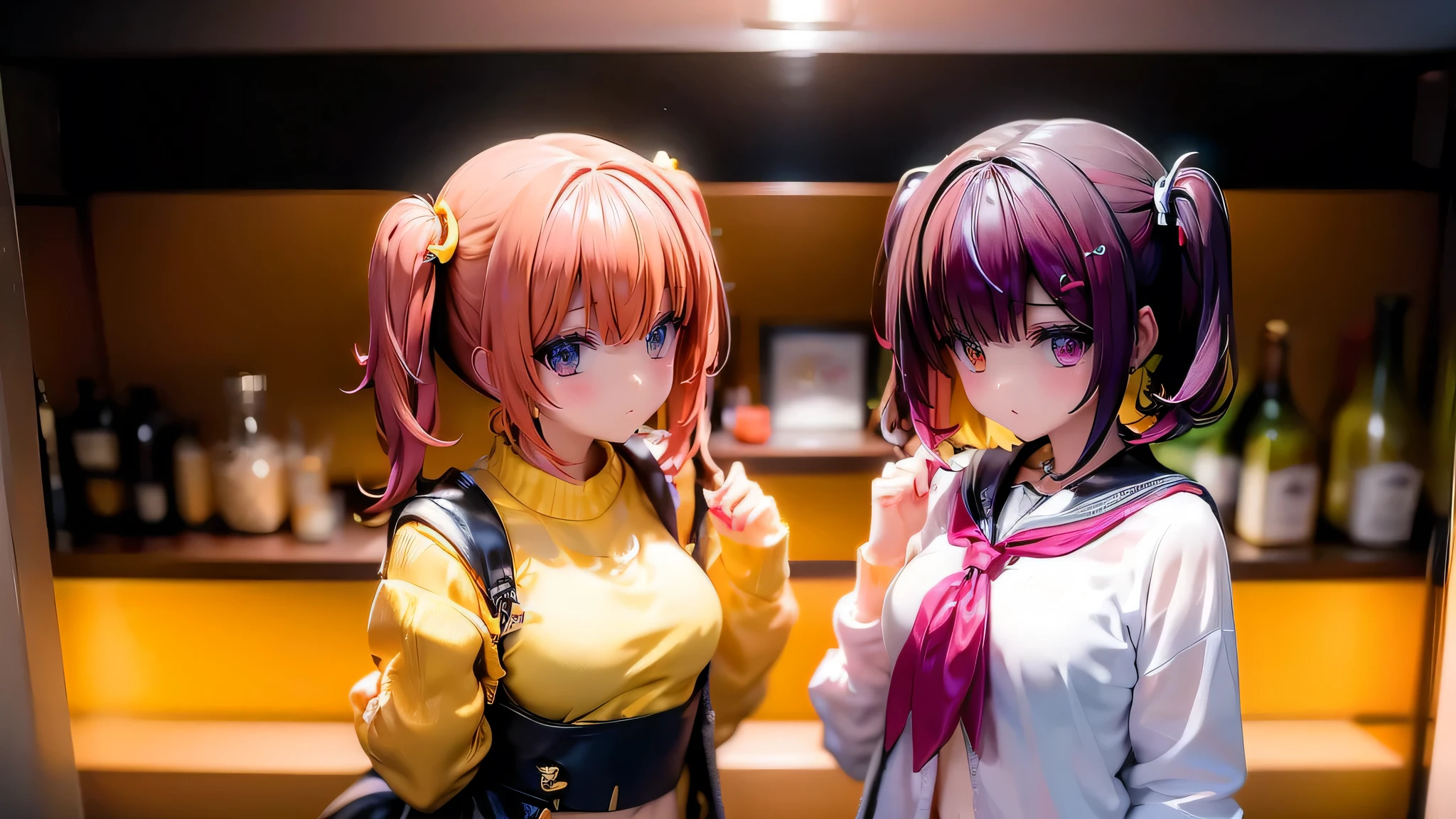 (Meyrin_Hawk)、(Fluffy side twin tails)、(Yellow Summer Sweater)、(Black mini skirt)、A little small, normal chest、