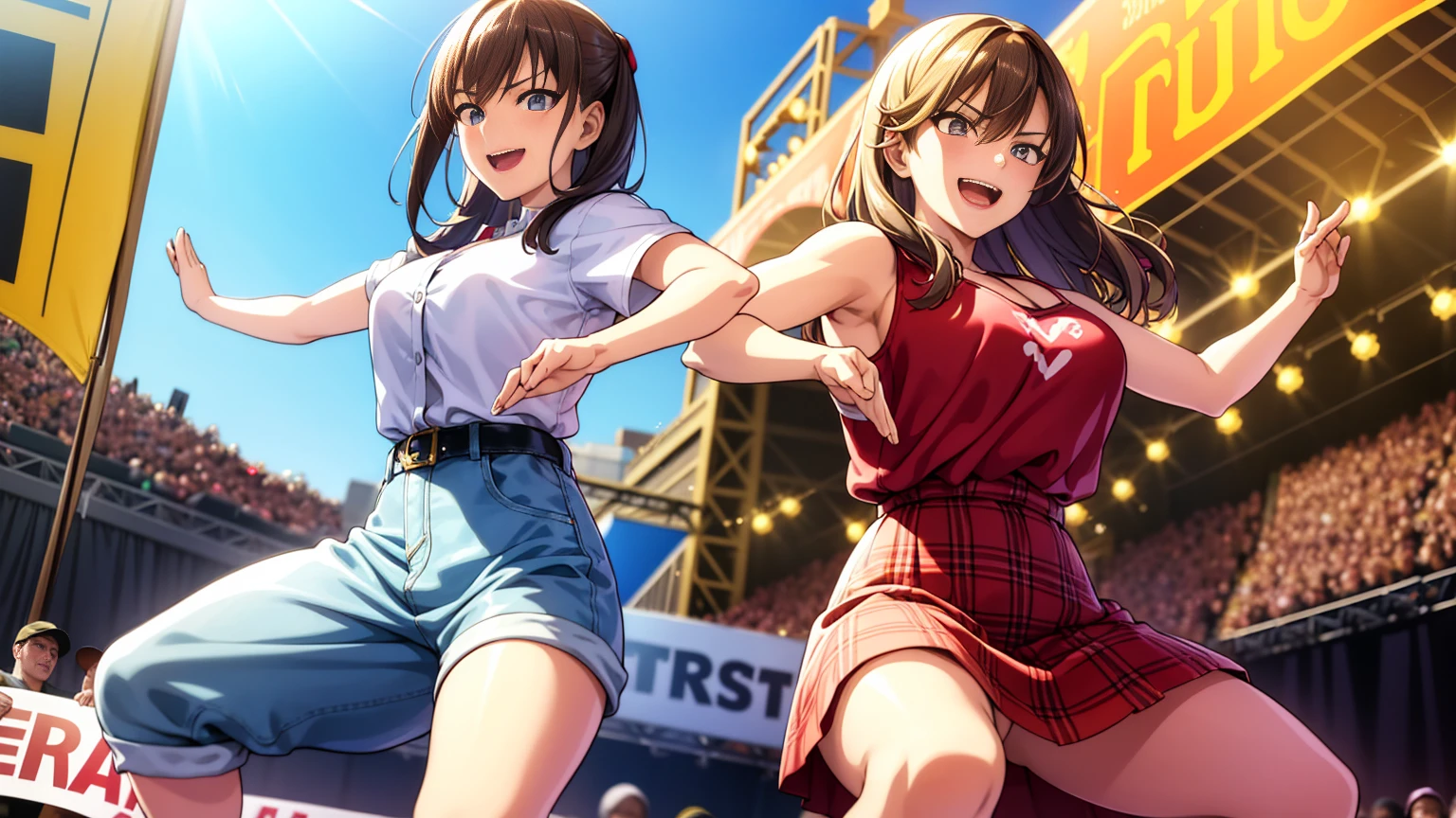 An anime-style illustration featuring a female character dancing to Bluegrass music. The character has long, flowing hair and is wearing a traditional bluegrass outfit with a plaid shirt, denim skirt, and cowboy boots. She is energetically dancing with a joyful expression. The background is a lively outdoor scene with a wooden stage, colorful banners, and a cheering crowd, capturing the energetic spirit of a bluegrass festival. The scene is vibrant and colorful, with detailed shading and gradients to add depth, and the character's eyes and facial expressions are emphasized to convey emotion.