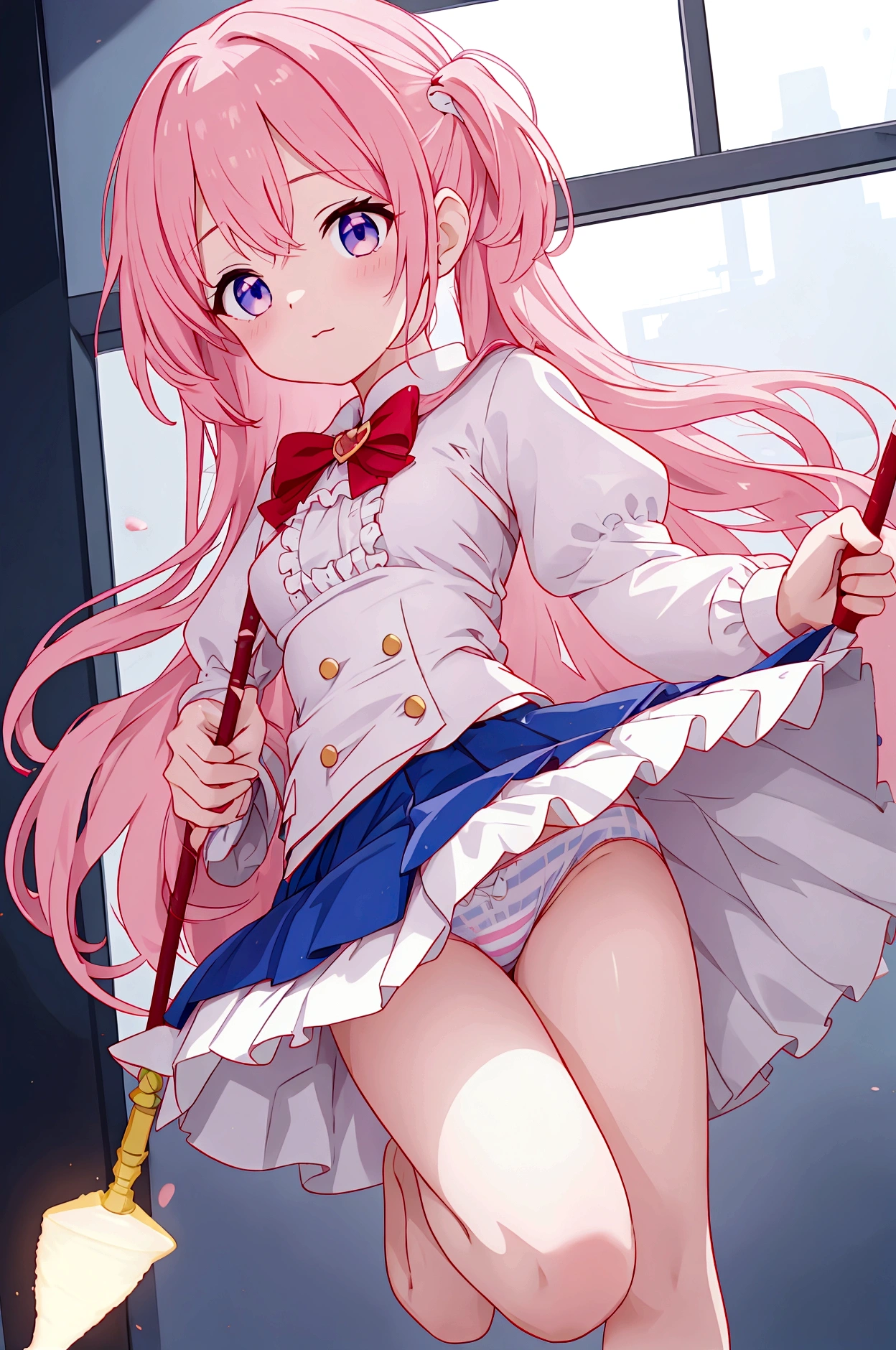 Magical girls with three different heights holding magic wands、Plain white with emphasis on the chestTshirt、You can see the chest from the neck、Ultramarine and white striped mini skirt、When you lift up her skirt you can see her cute pink frilly underwear.、A fluffy, white ruffled flared skirt、When she flipped her skirt up, she found cute red ruffled underwear、barefoot、classroom、